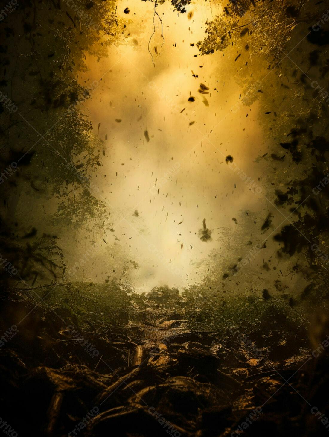 Trilha na floresta sob tempestade