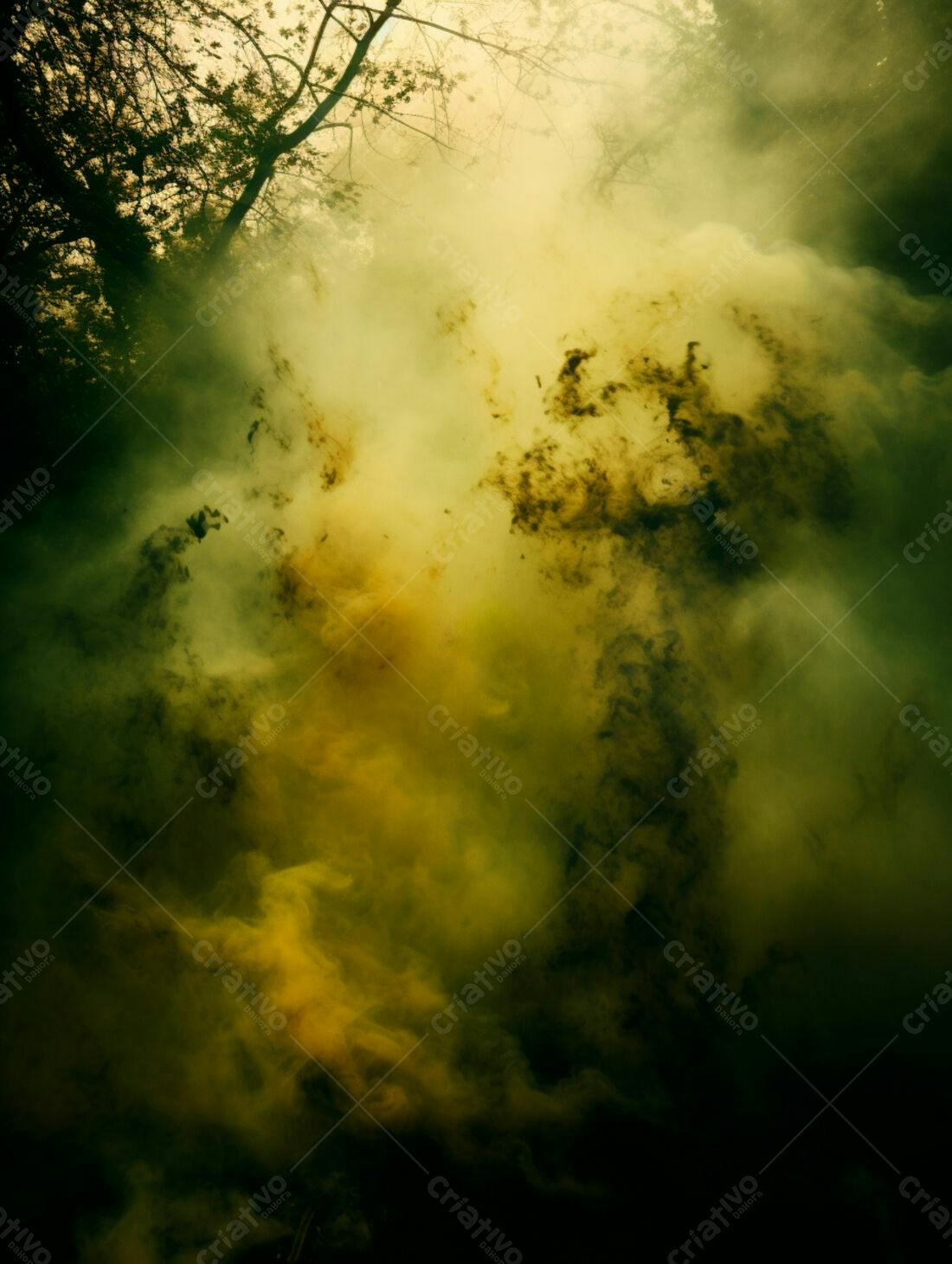 Nuvem de fumaça amarela e verde na floresta