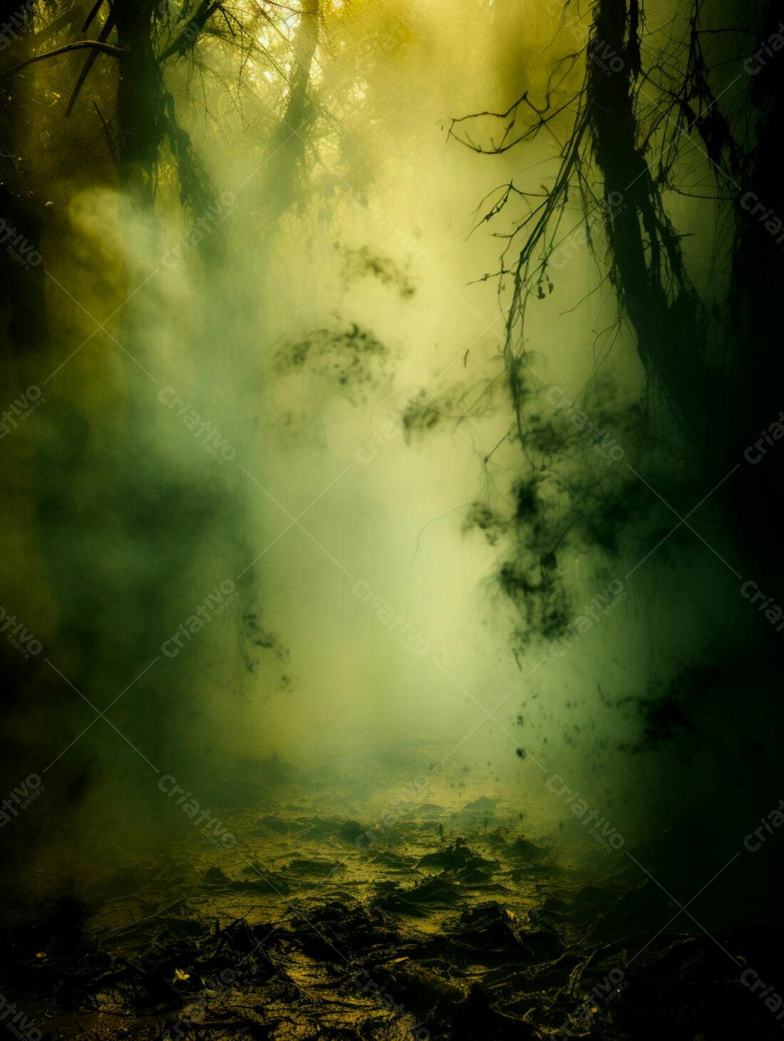 Trilha misteriosa em floresta nebulosa