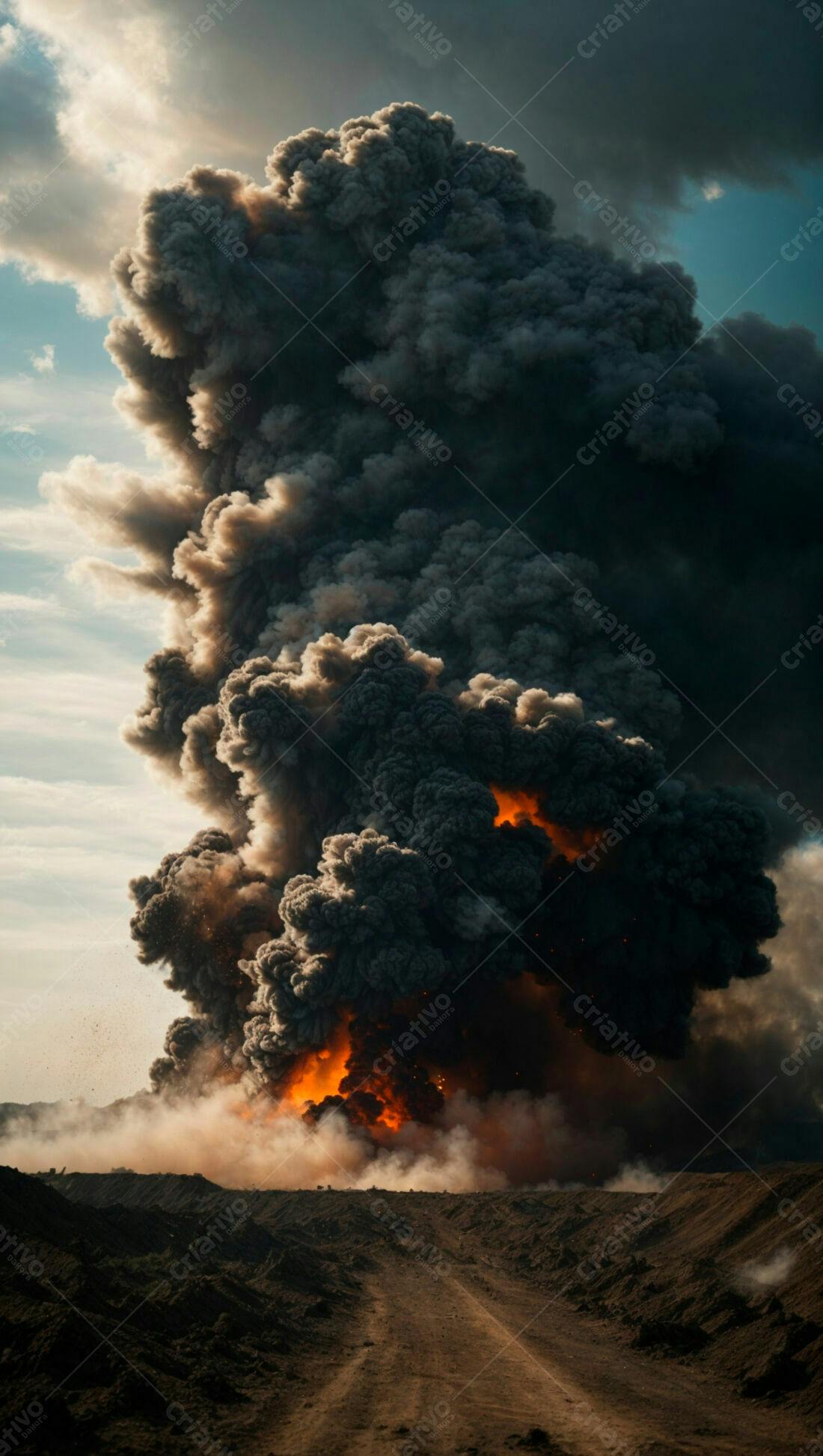 Grande explosão com fumaça escura e fogo