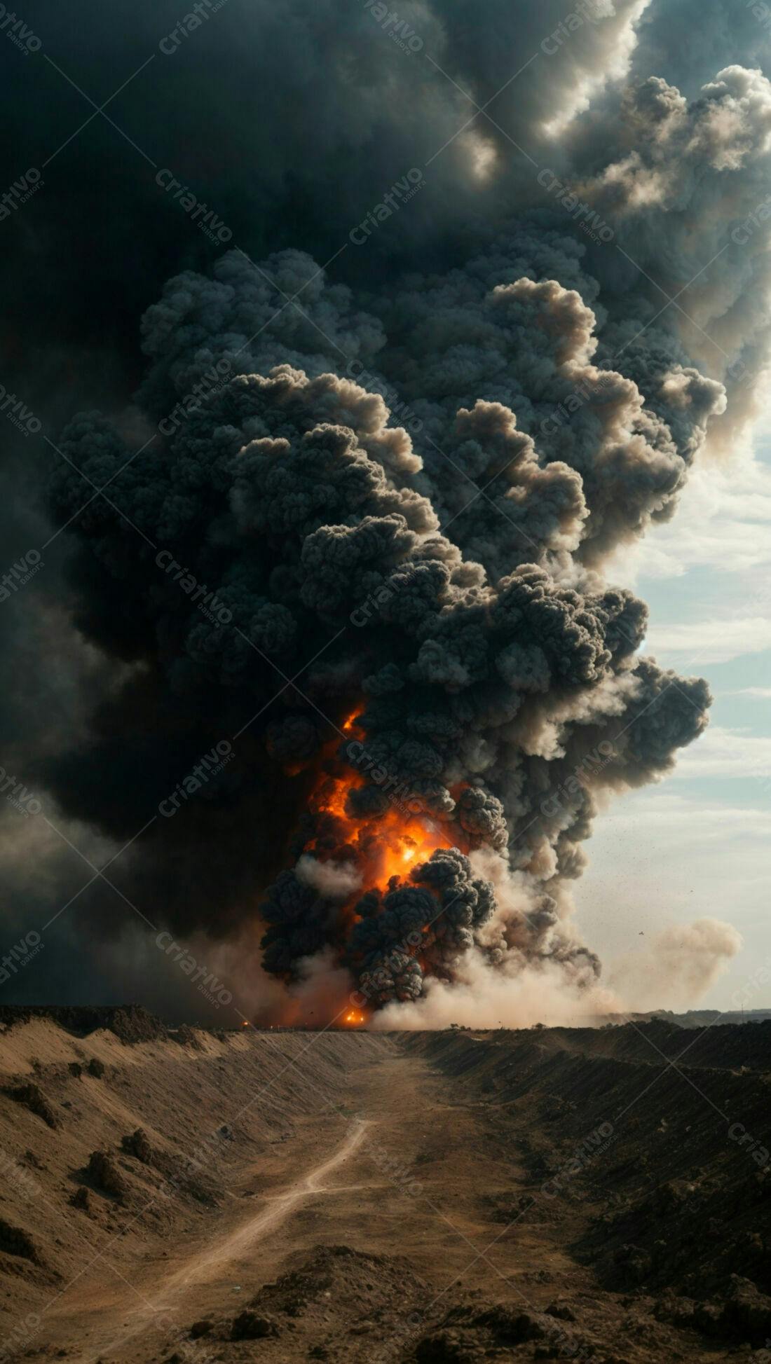 Grande incêndio com fumaça escura e chamas alaranjadas