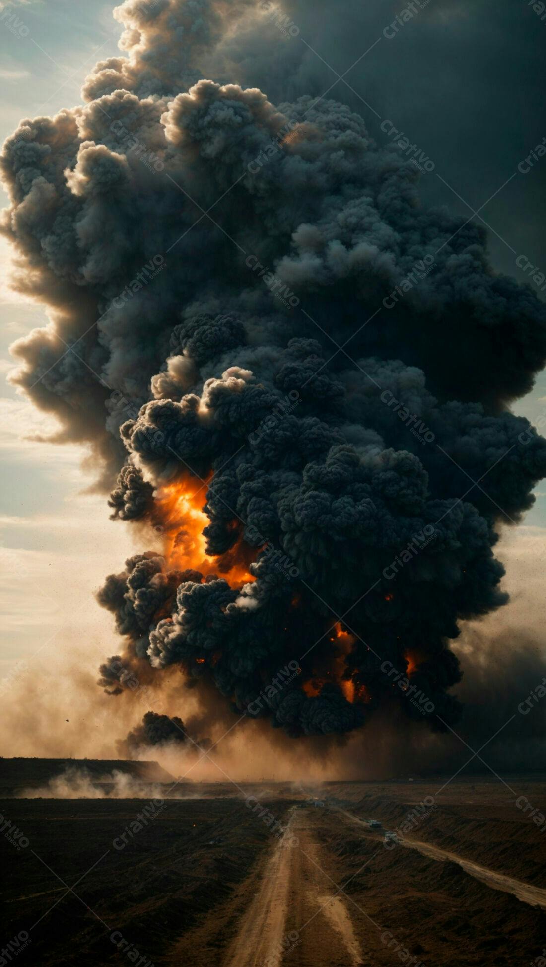 Explosão gigantesca com fumaça escura e fogo intenso