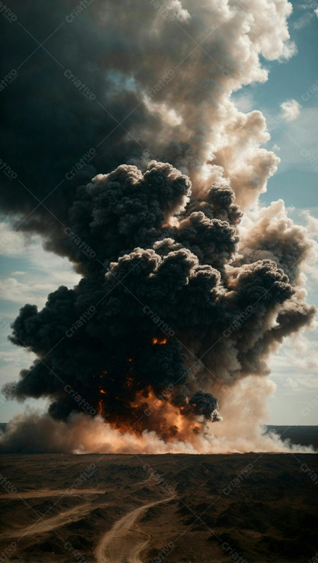 Explosão gigantesca com fumaça escura e laranja