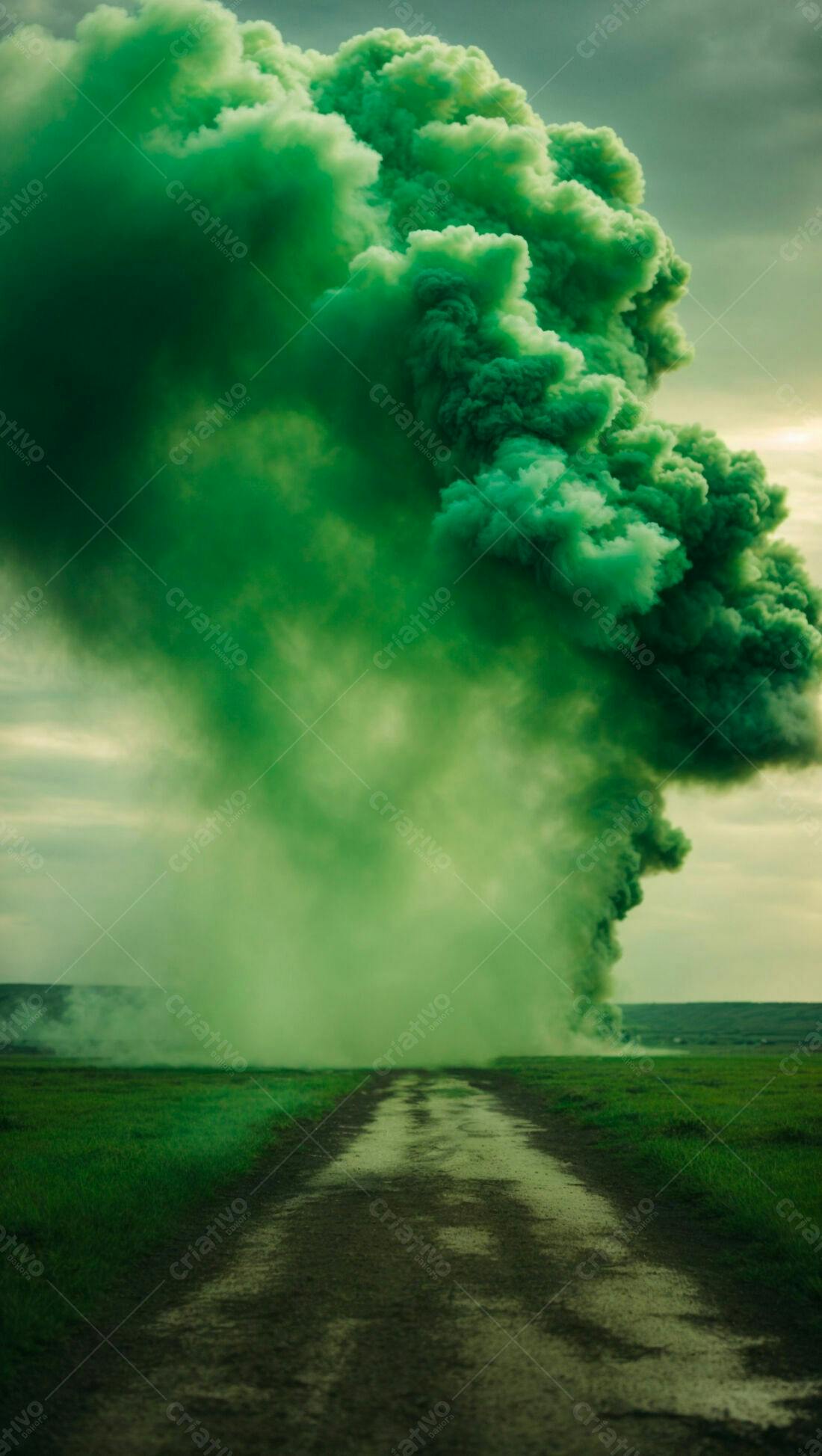 Nuvem de fumaça verde em estrada rural