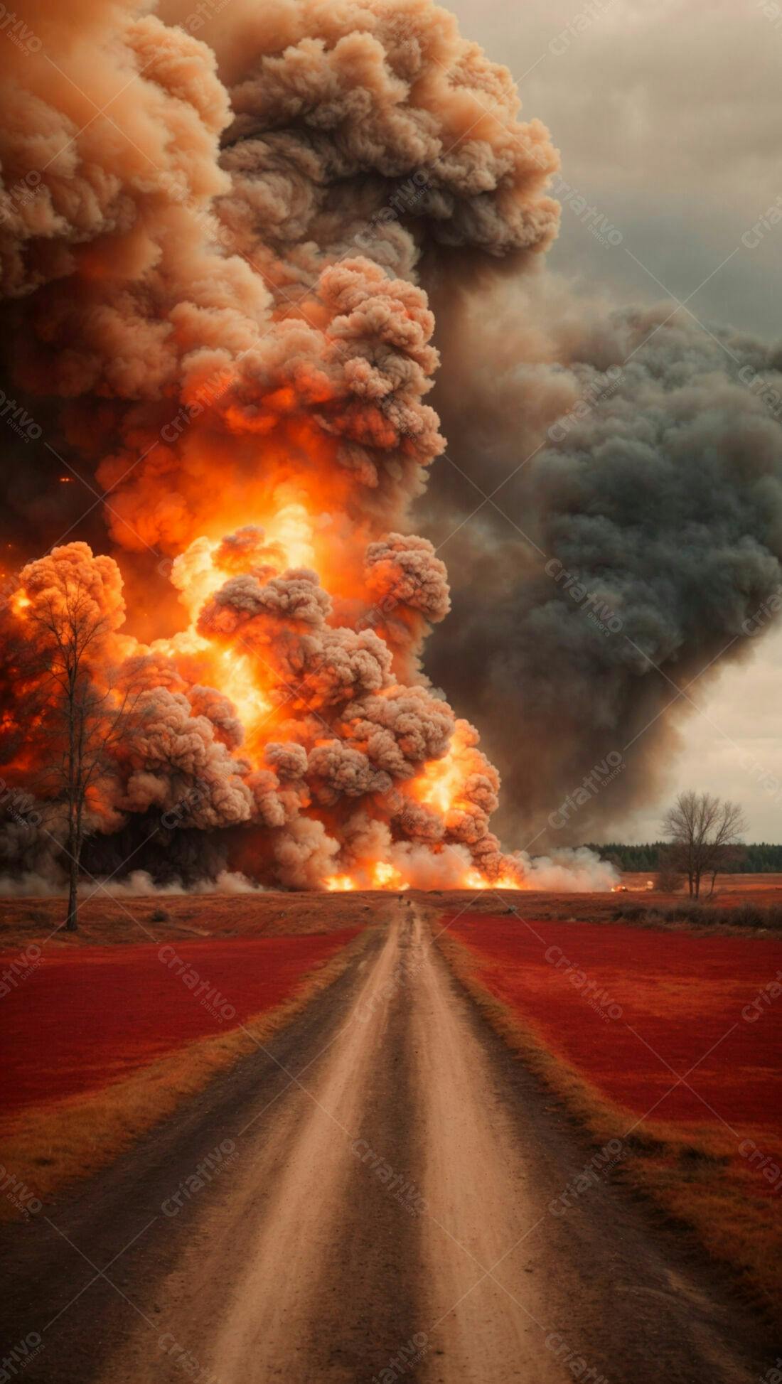 Incêndio devastador em campo vermelho