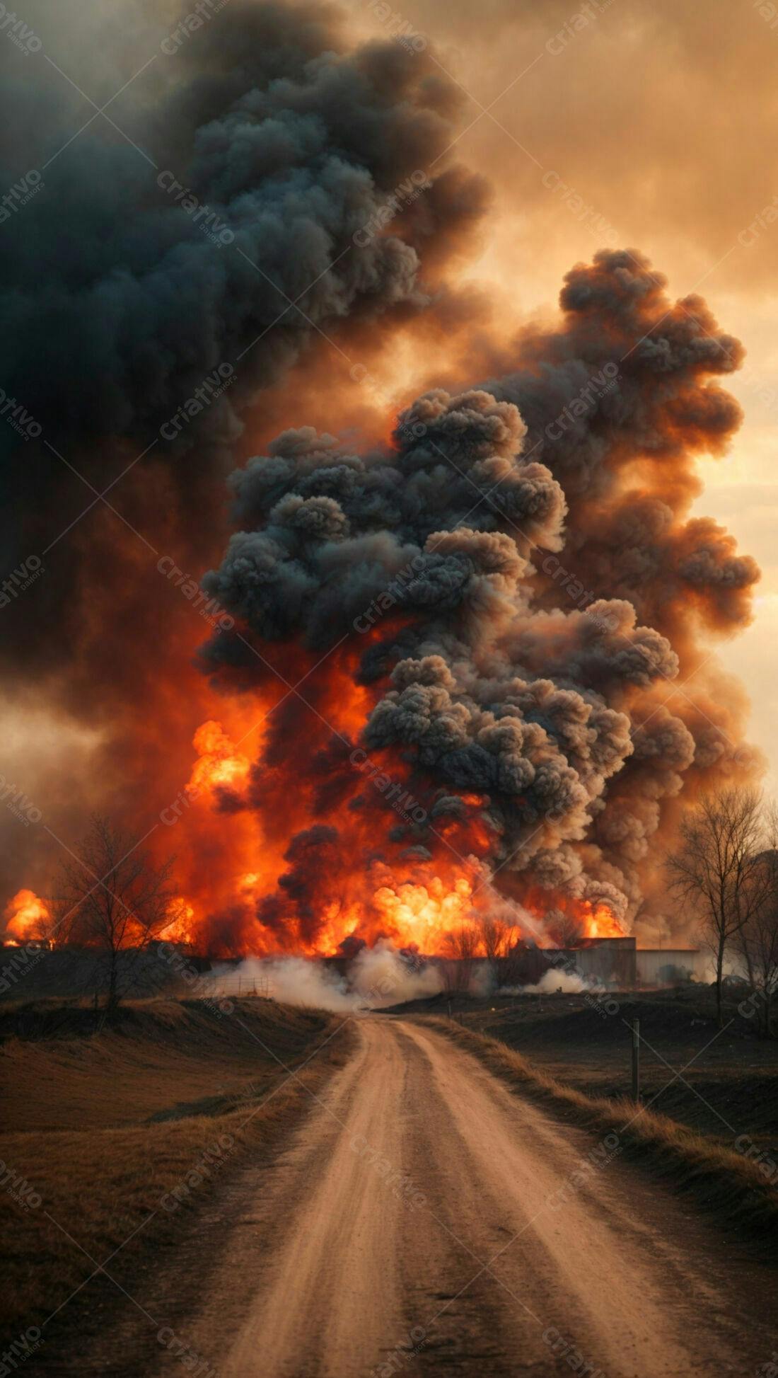 Incêndio devastador em área rural ao entardecer