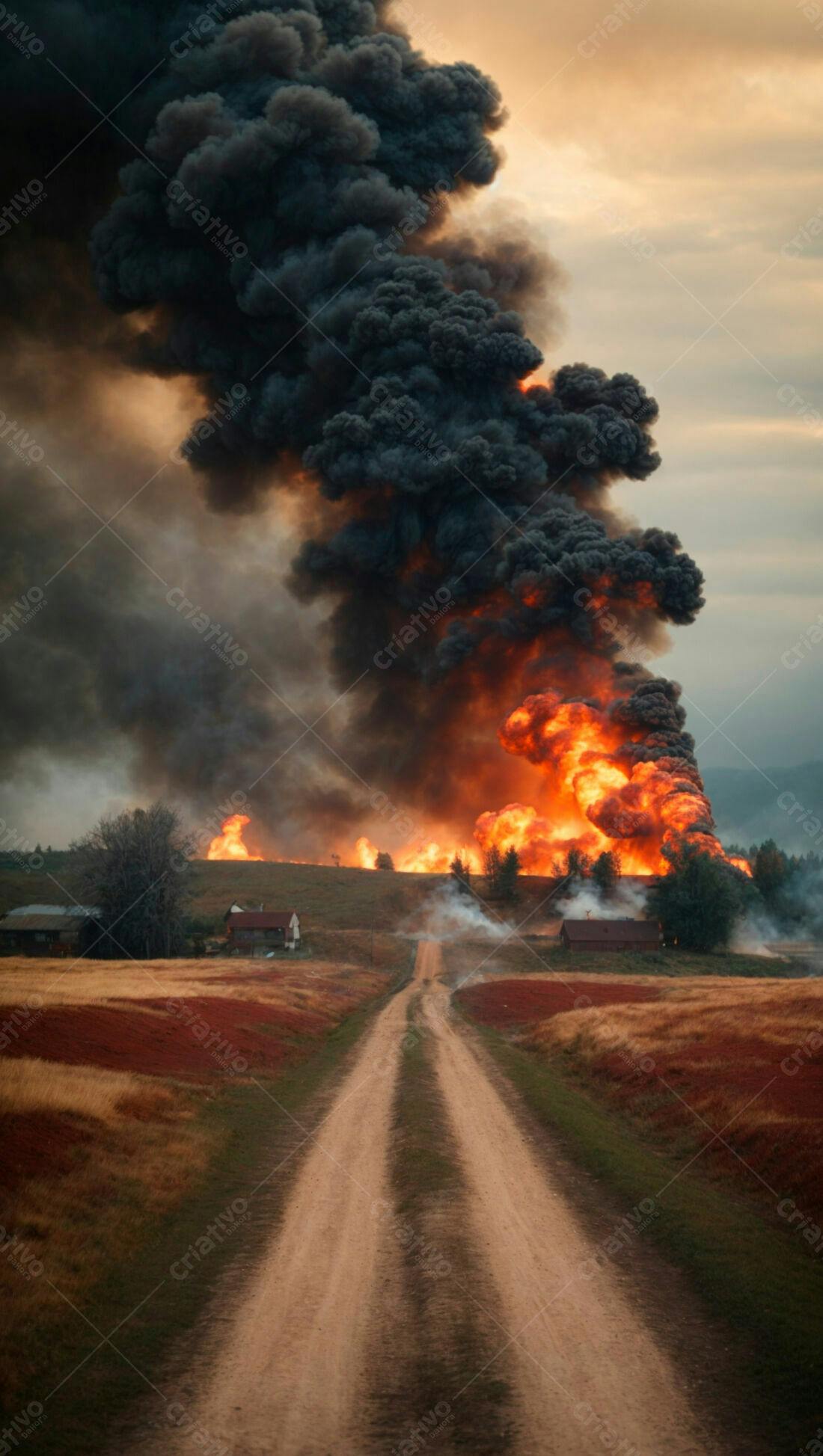 Incêndio rural devastador com fumaça escura