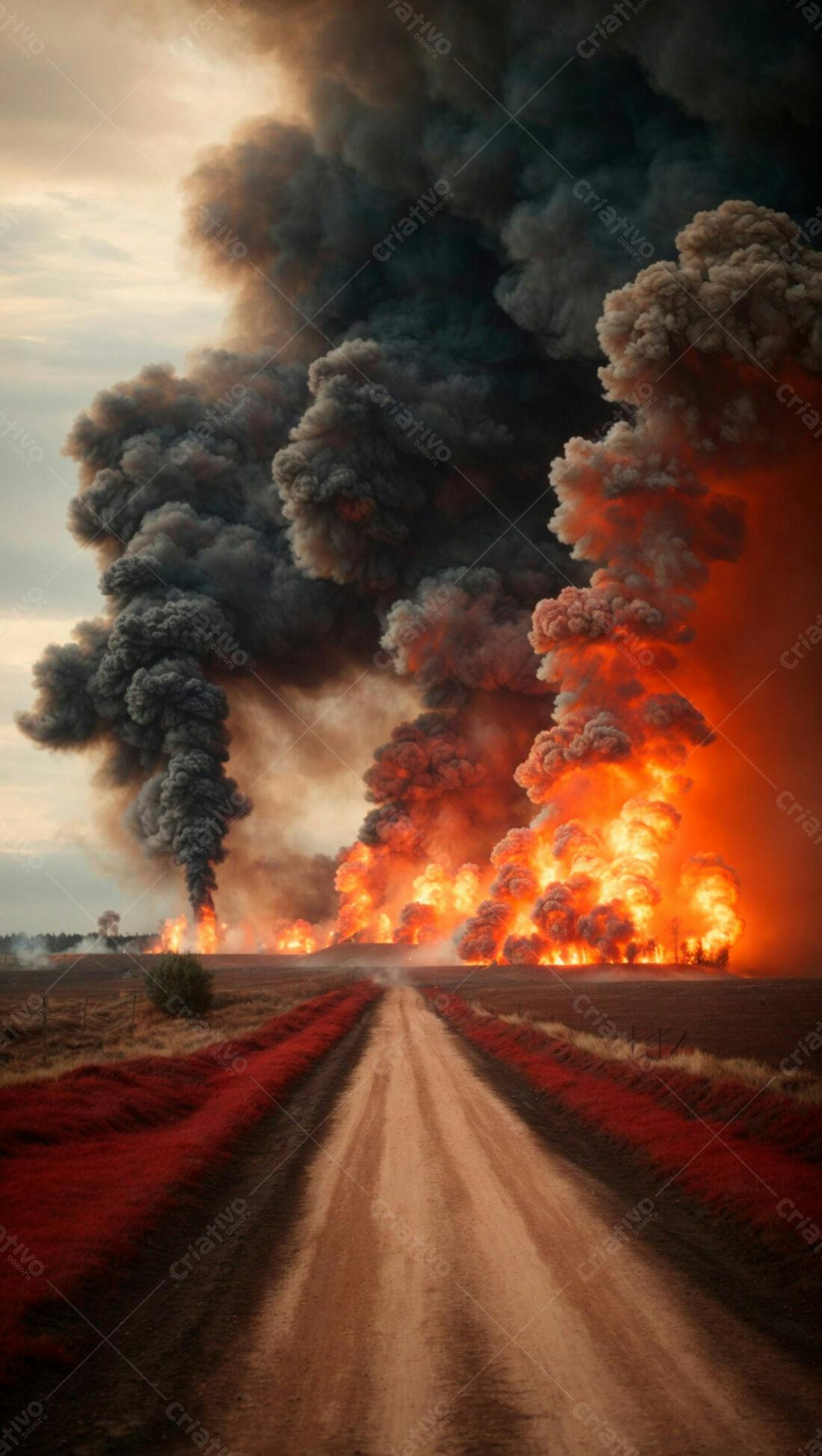 Incêndio em campo com fumaça escura e chamas laranja