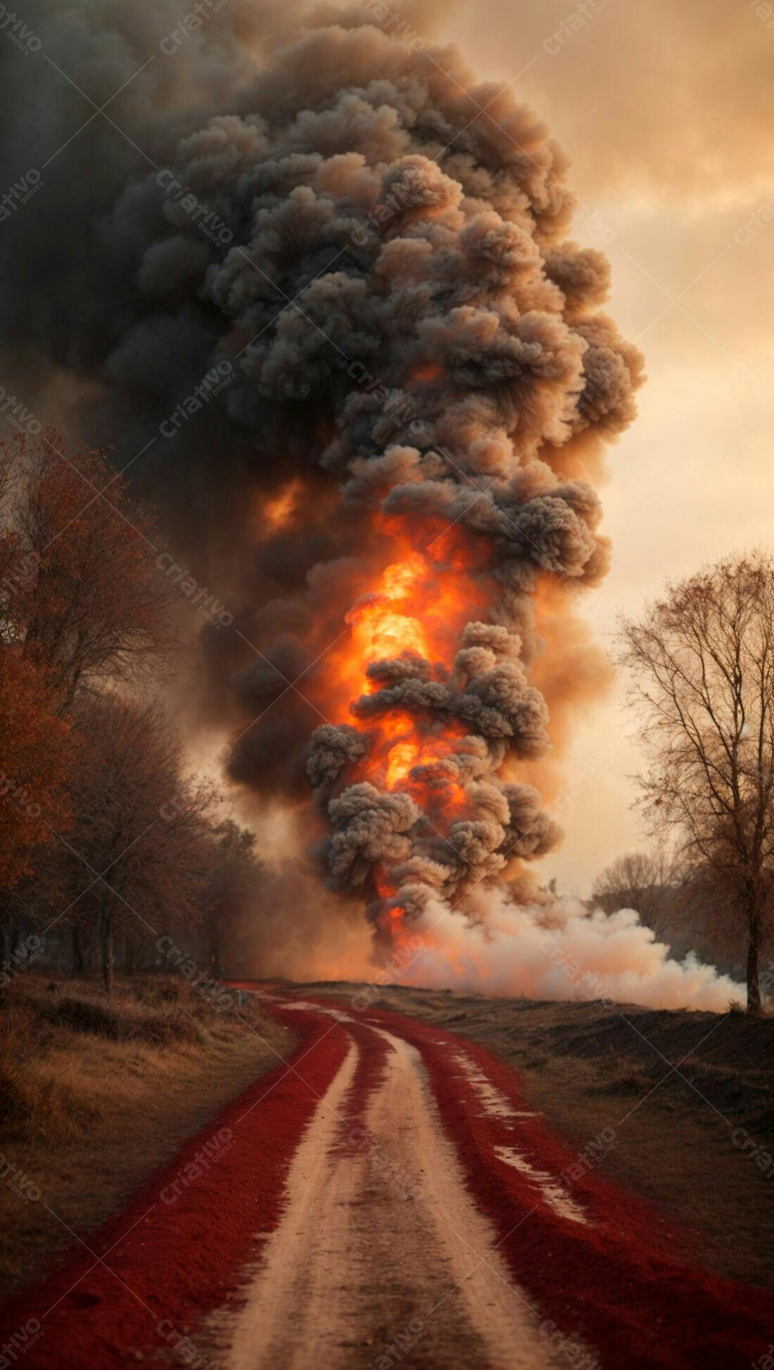 Incêndio colossal em área rural ao entardecer
