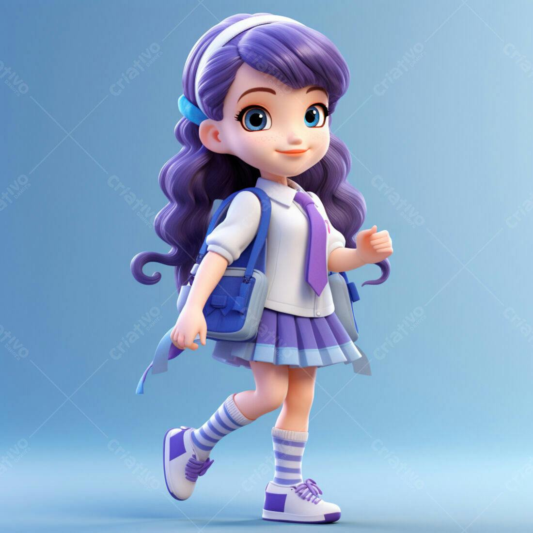 Menina fofa indo para escola com mochila roxa