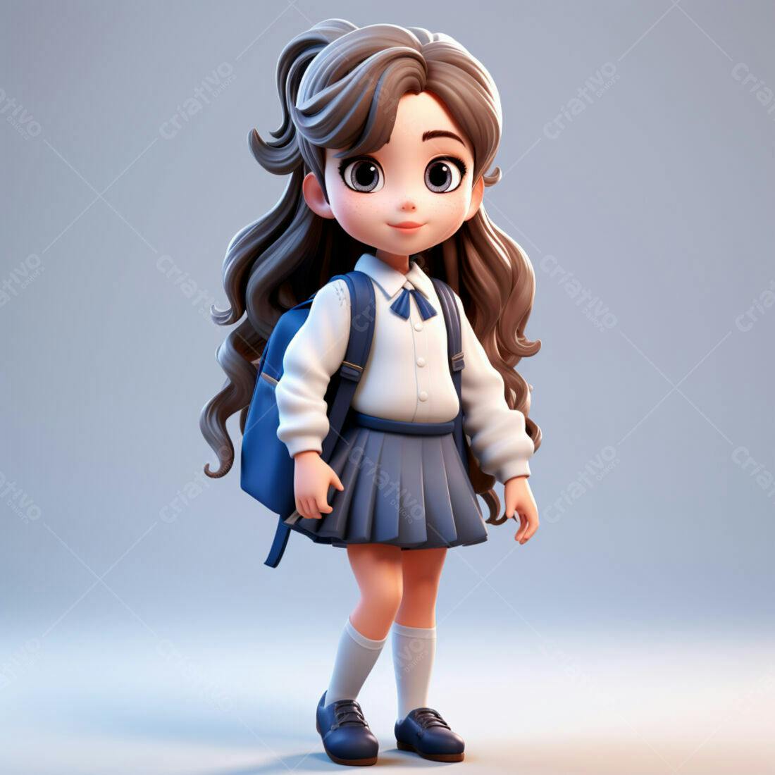 Menina fofa com mochila azul uniforme escolar