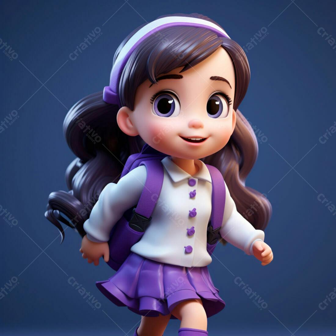 Menina animada indo para escola mochila roxa