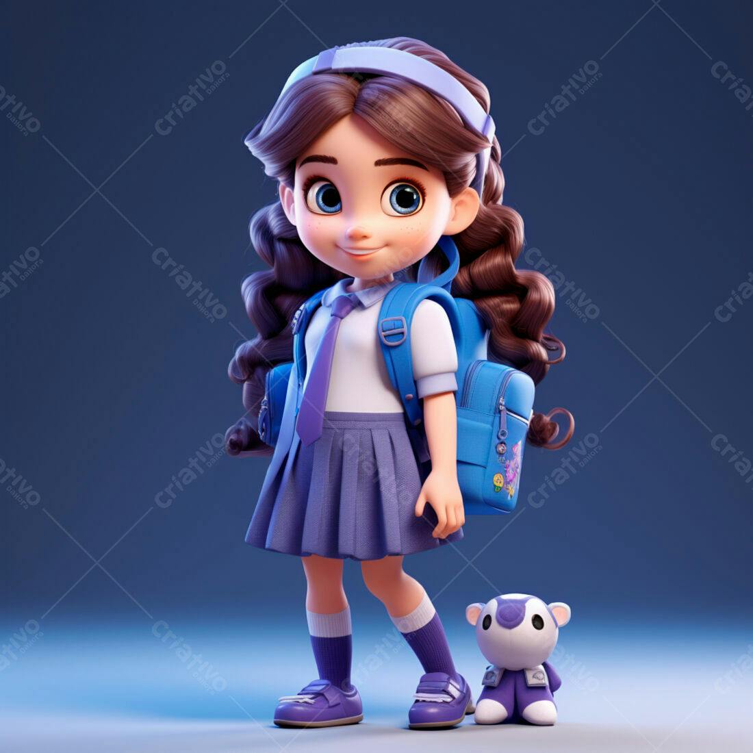 Menina fofa com mochila azul e bichinho de pelúcia