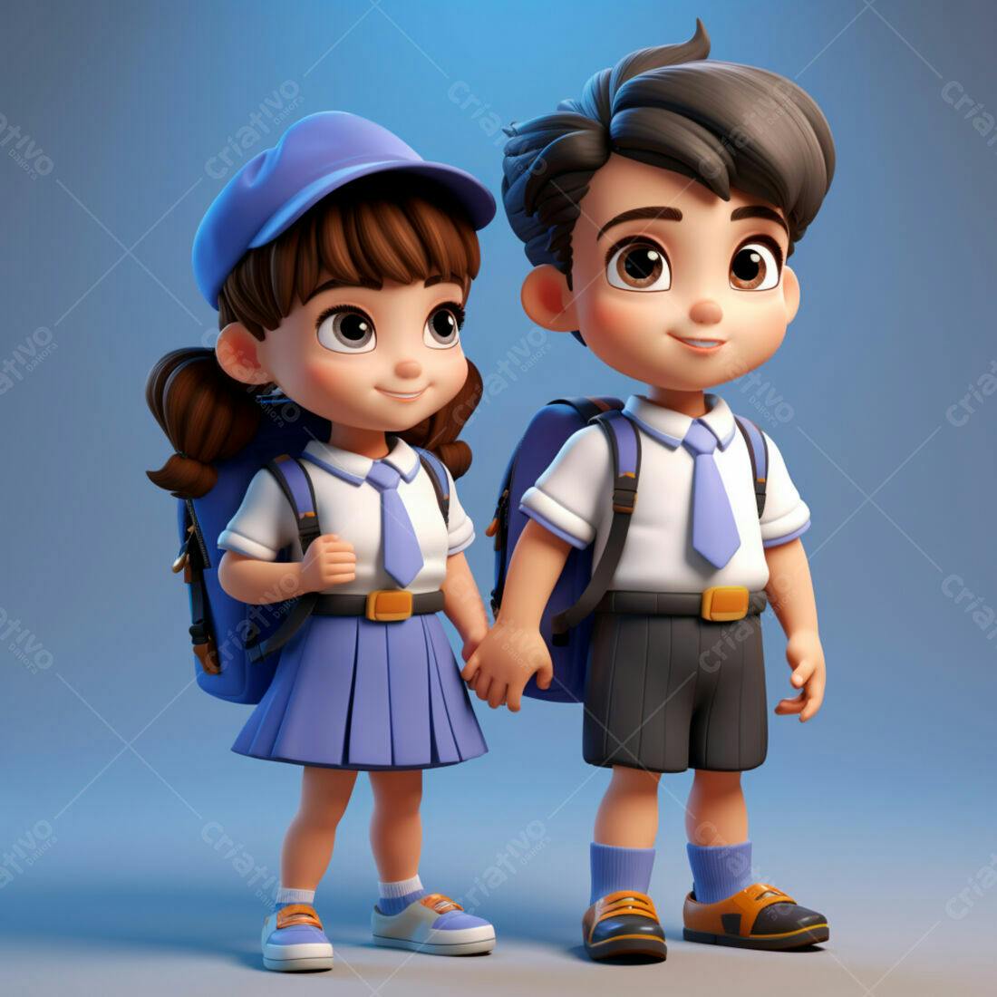 Crianças de uniforme azul indo para escola