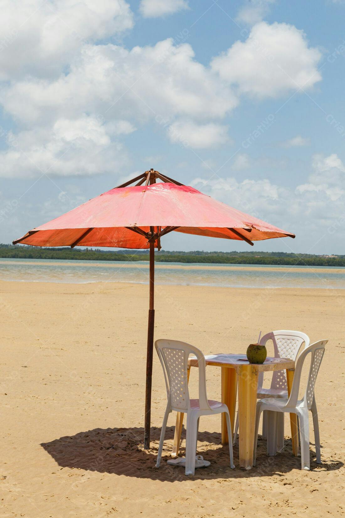 Mesa na praia com coco e guarda-sol rosa