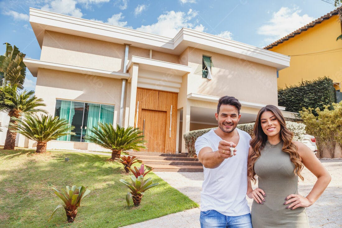 Casal feliz mostrando chave de casa nova