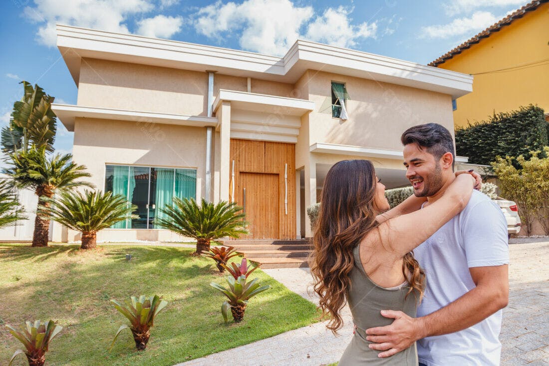 Casal abraçado na frente de casa nova