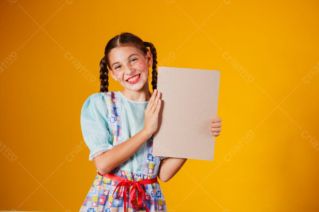 Menina em vestido de festa junina segurando cartaz