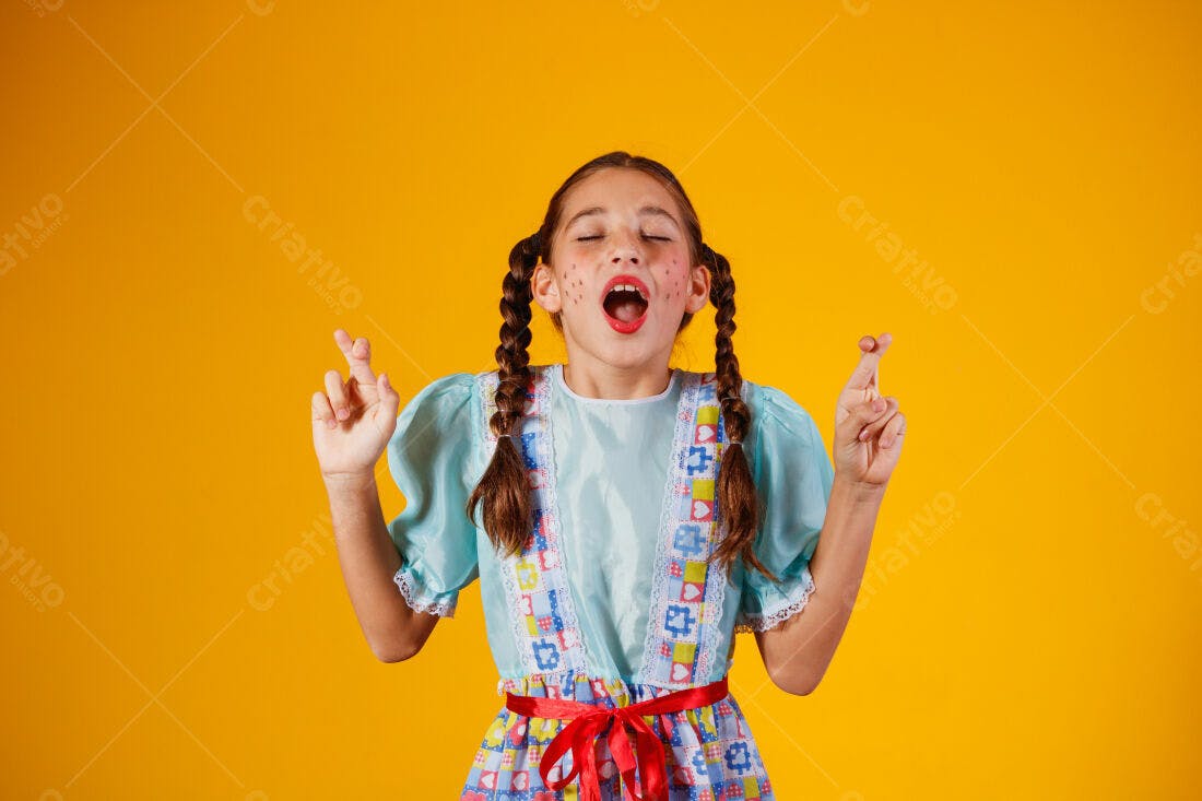 Menina em Festa Junina com dedos cruzados