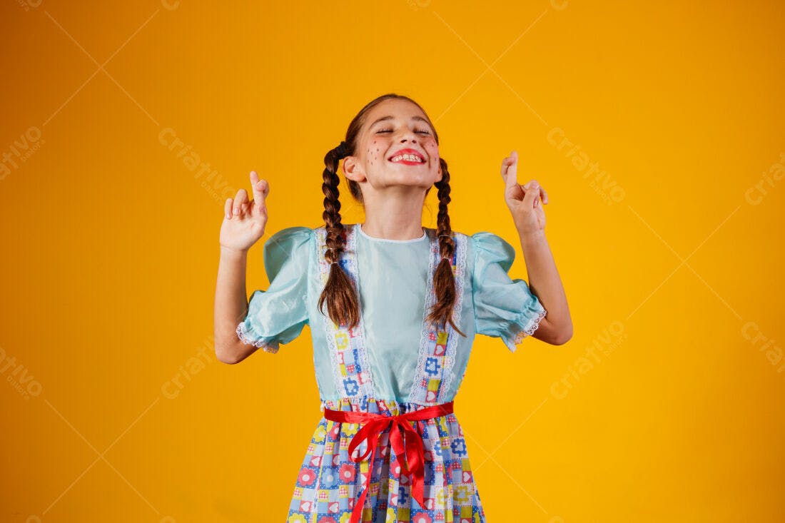 Menina em roupa de festa junina com os dedos cruzados