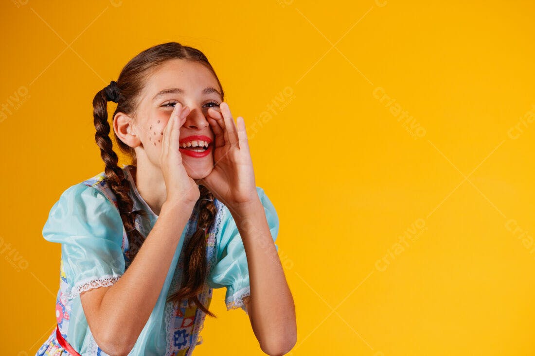 Menina gritando em fundo amarelo Festa Junina