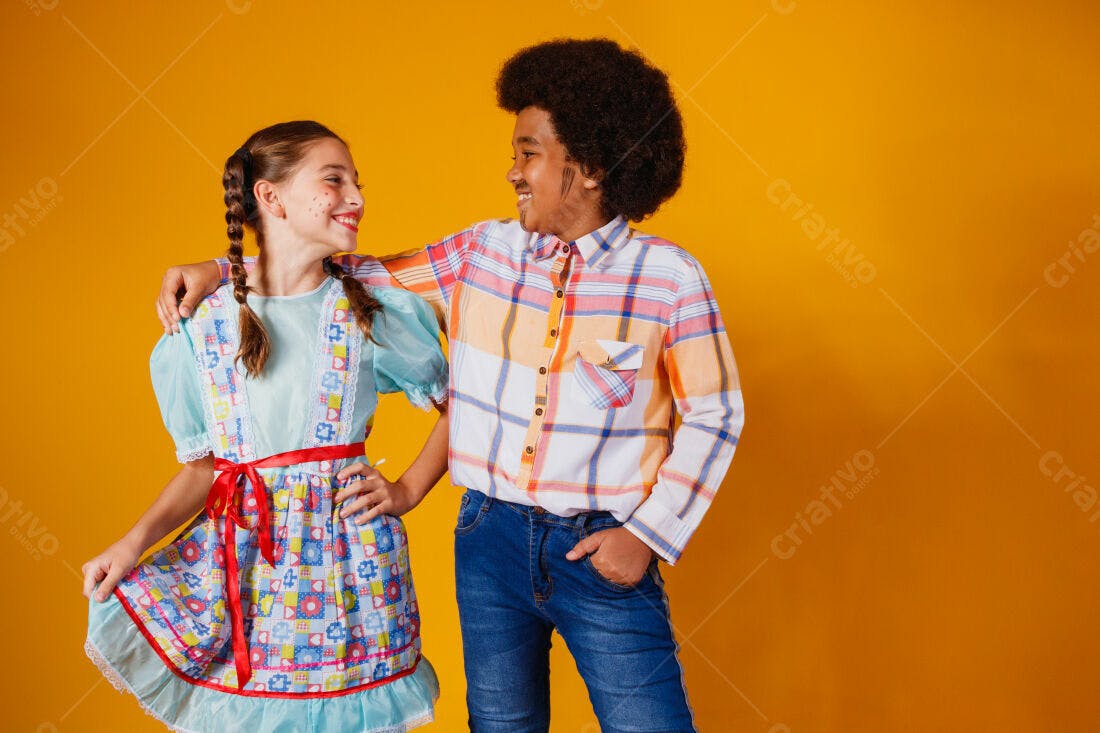 Crianças em trajes de festa junina sorrindo