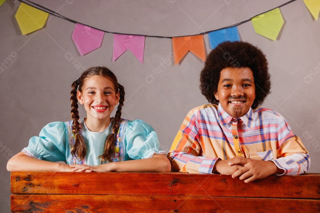 Crianças sorrindo Festa Junina trajes típicos