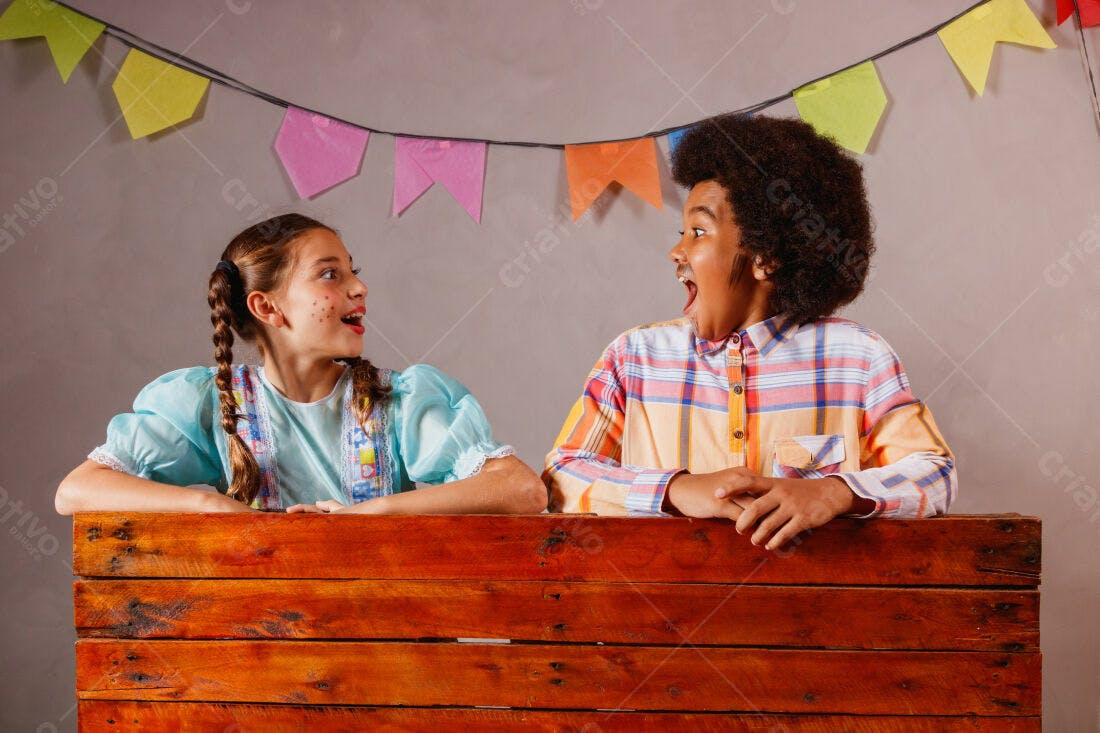 Crianças em Festa Junina sorrindo muito