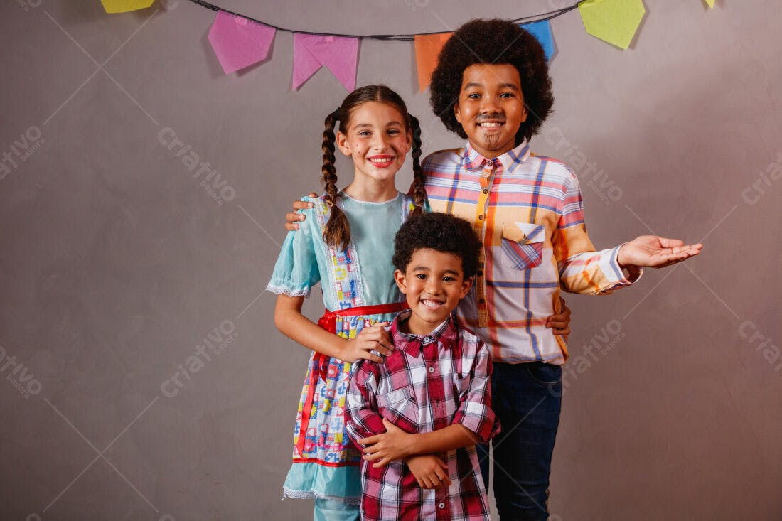Crianças sorrindo Festa Junina trajes típicos