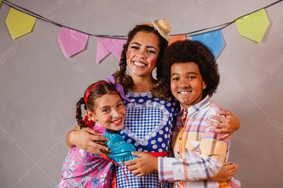 Crianças em festa junina abraçadas