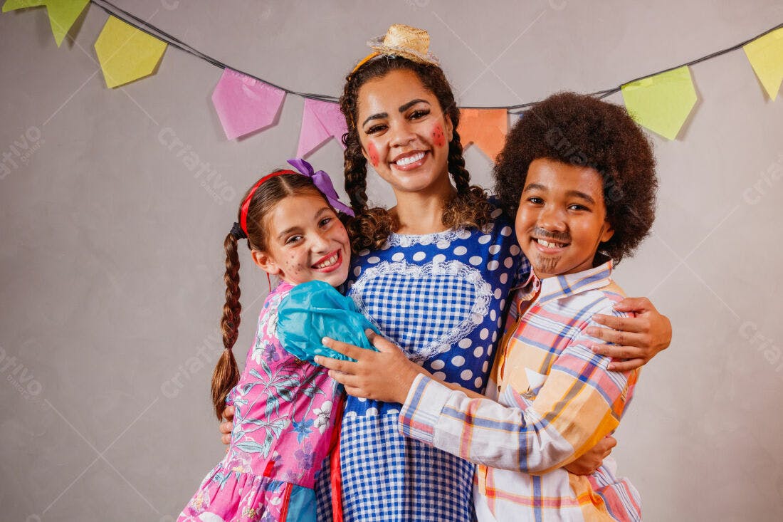 Família Festa Junina sorrindo abraçados
