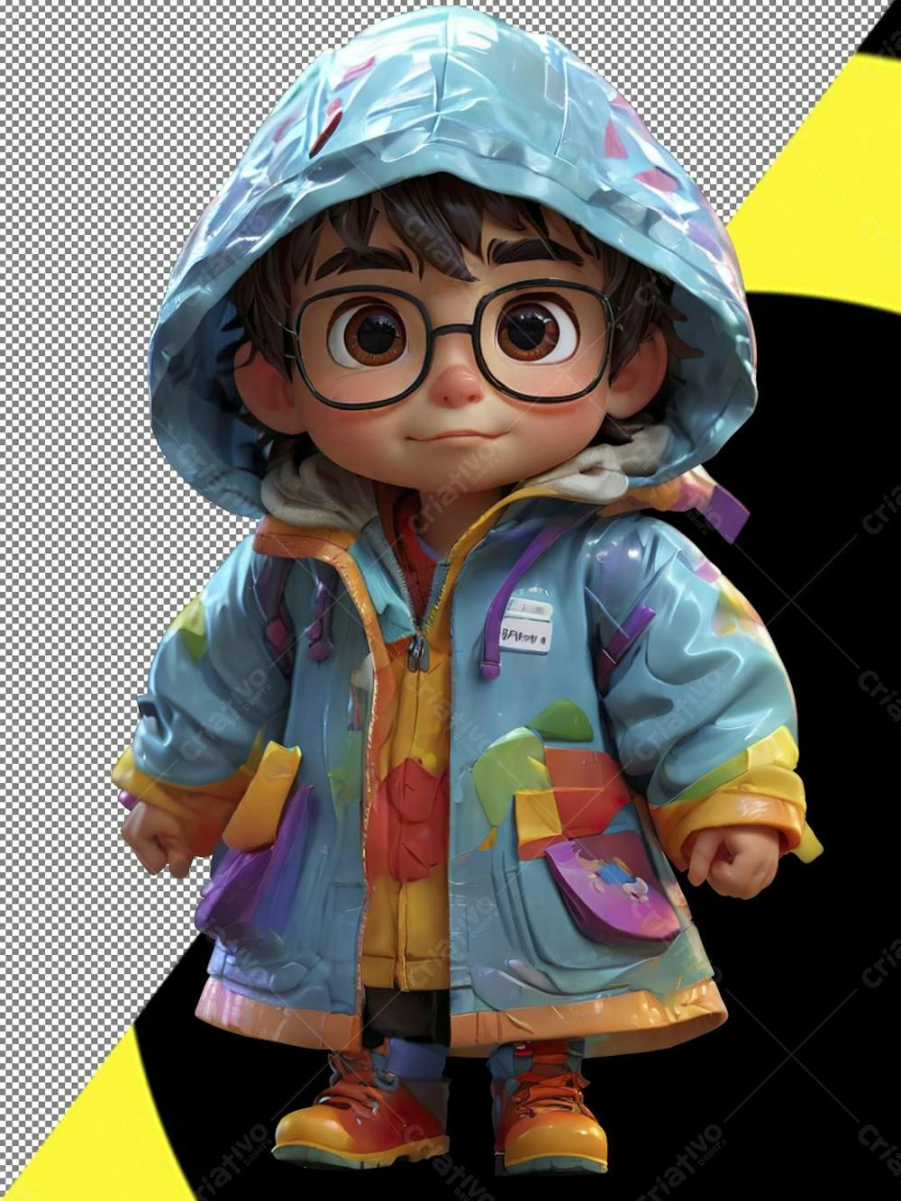 Personagem 3D , menino fofo, capa de chuva colorida, óculos grande, Disney, Pixar