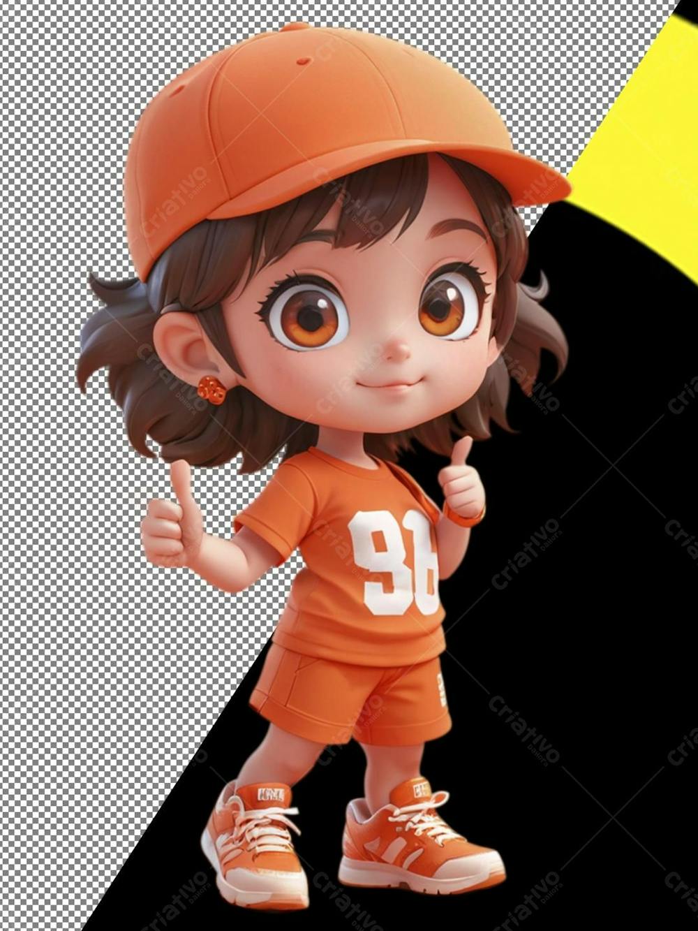 Personagem 3D menina com roupa e boné laranja , fazendo sinal de positivo