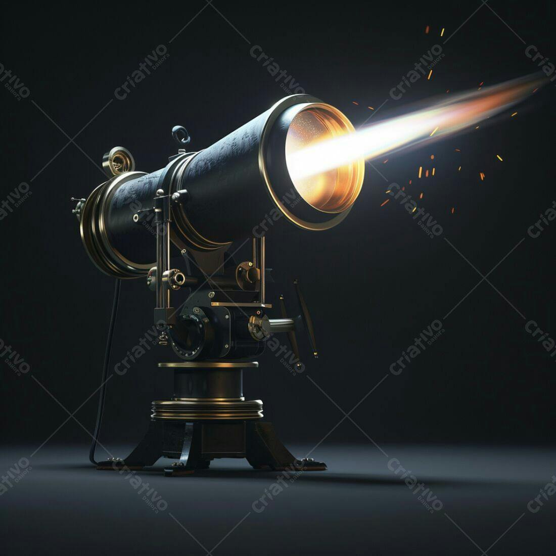 Telescópio antigo disparando raio de luz