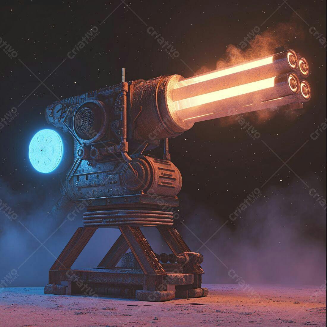 Canhão espacial futurista disparando em paisagem lunar