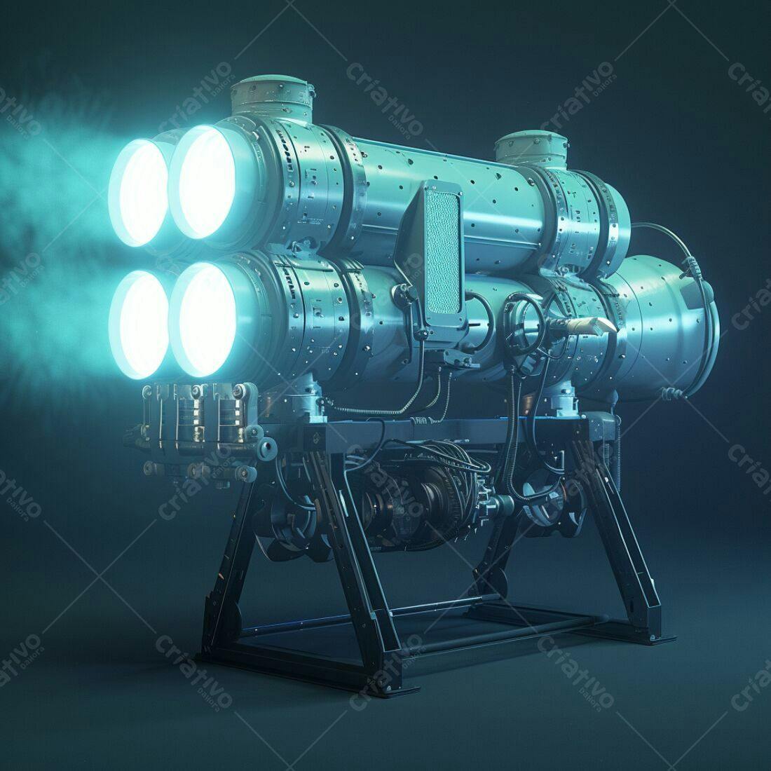 Motor futurista turquesa com propulsores azuis