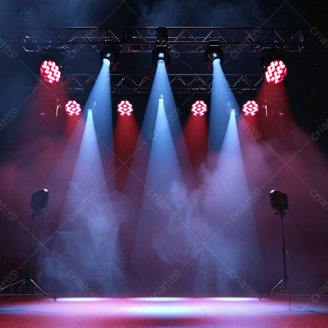 Palco iluminado com luzes vermelhas e azuis