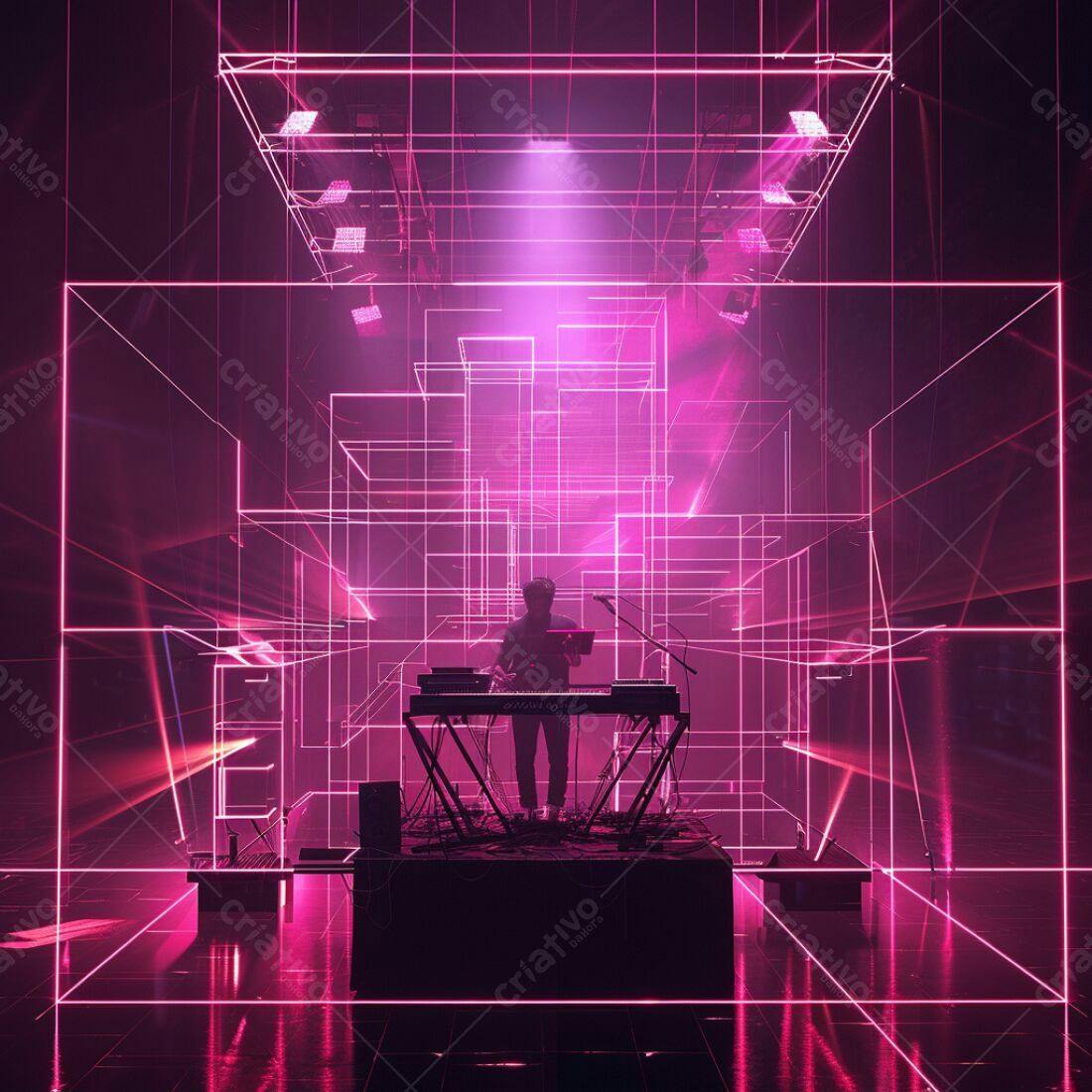 Músico tocando teclado em palco futurista rosa