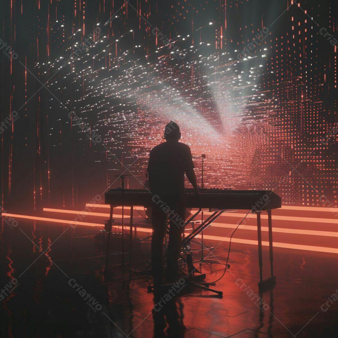 Músico tocando teclado em show com iluminação vermelha