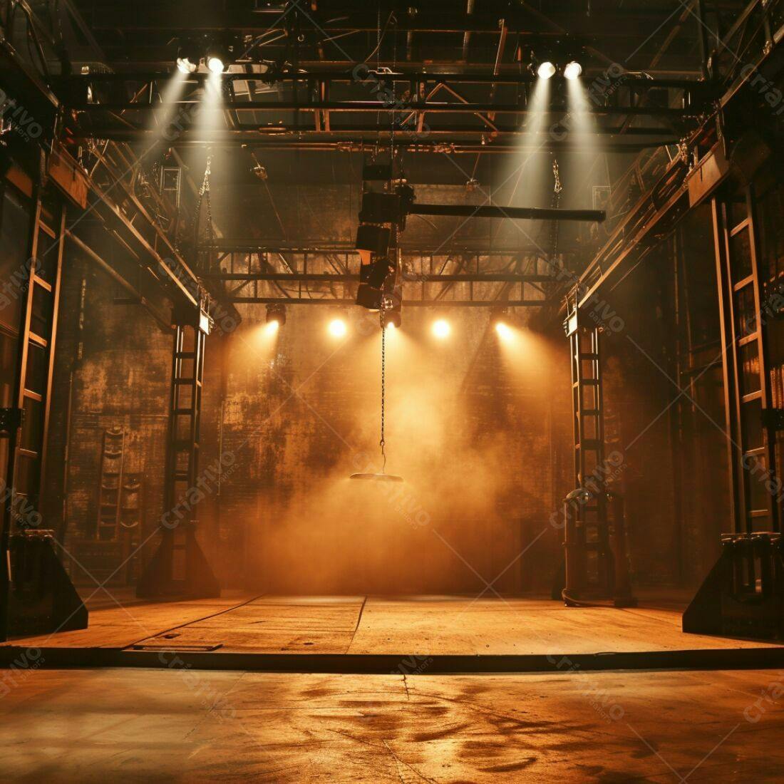 Palco industrial iluminado com névoa