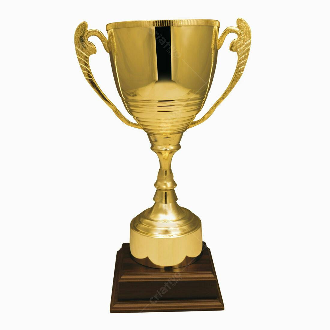 Troféu dourado com base de madeira
