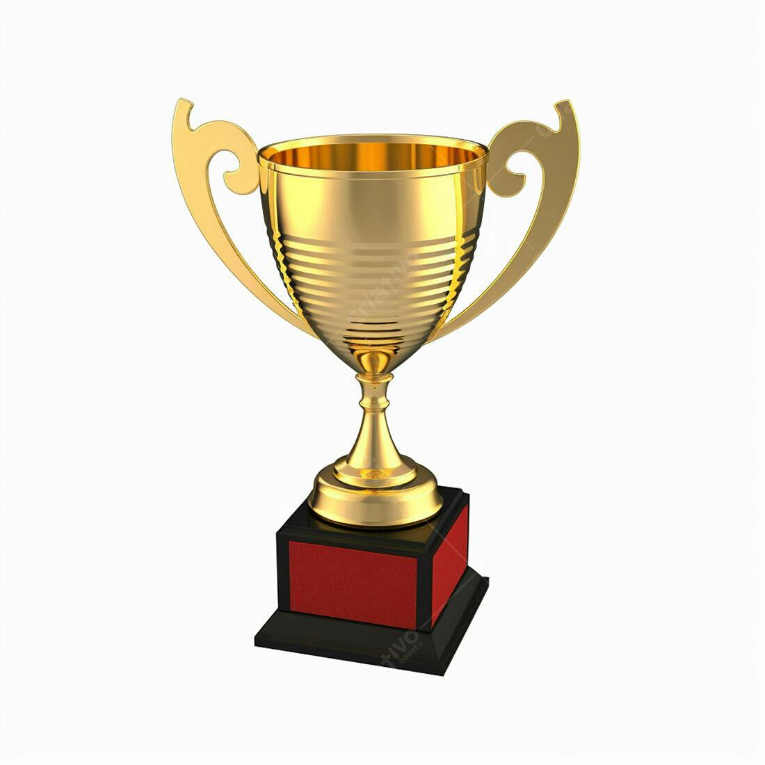 Troféu dourado em base preta e vermelha