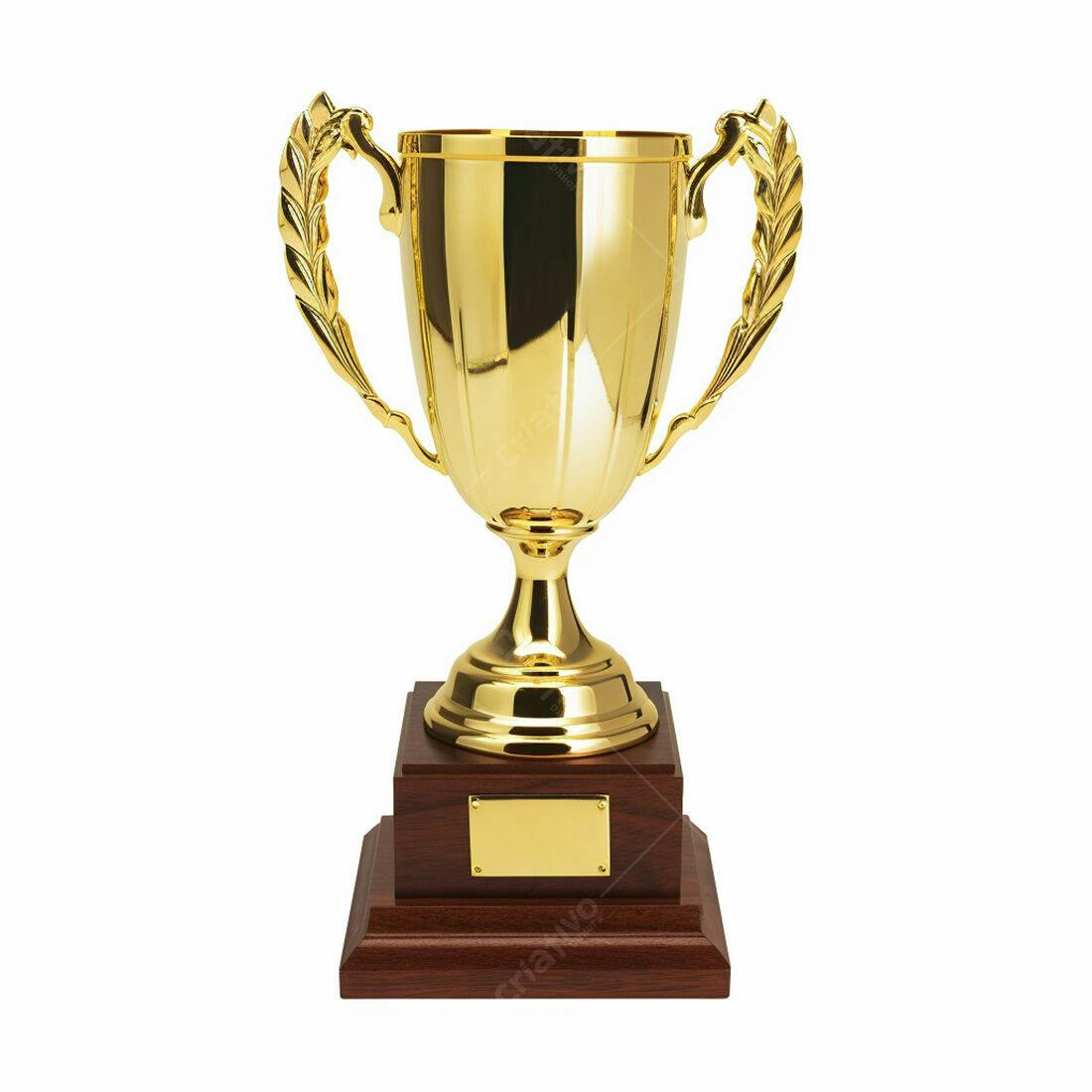 Troféu dourado em base de madeira