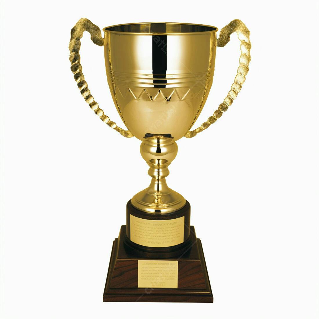 Troféu dourado com base de madeira