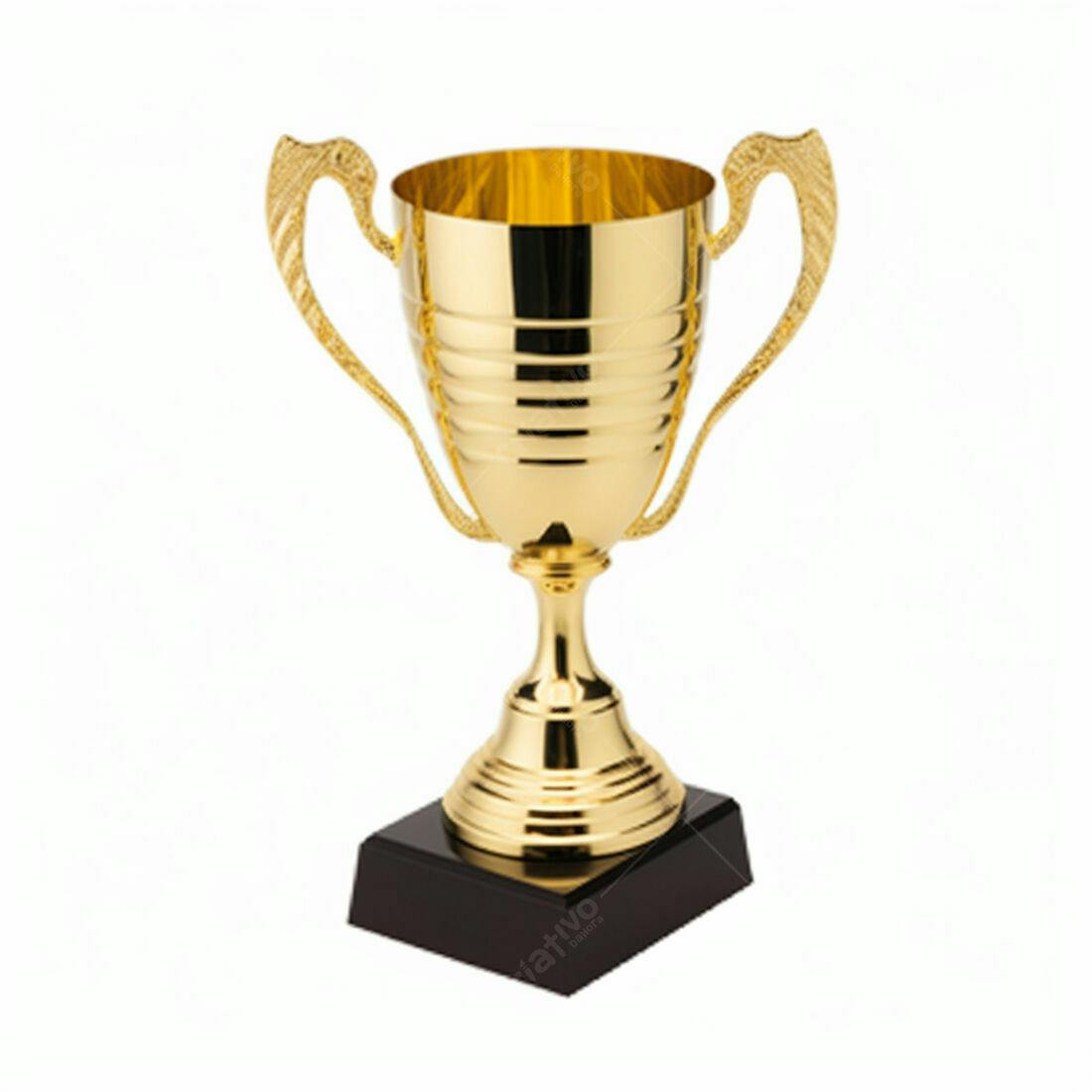 Troféu dourado com duas alças sobre base preta
