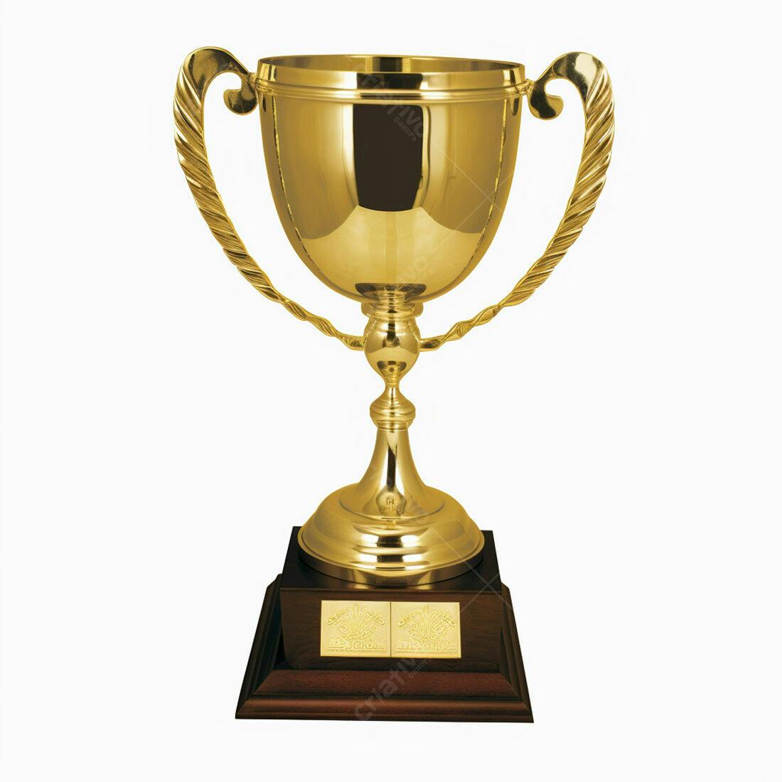 Troféu dourado com base de madeira