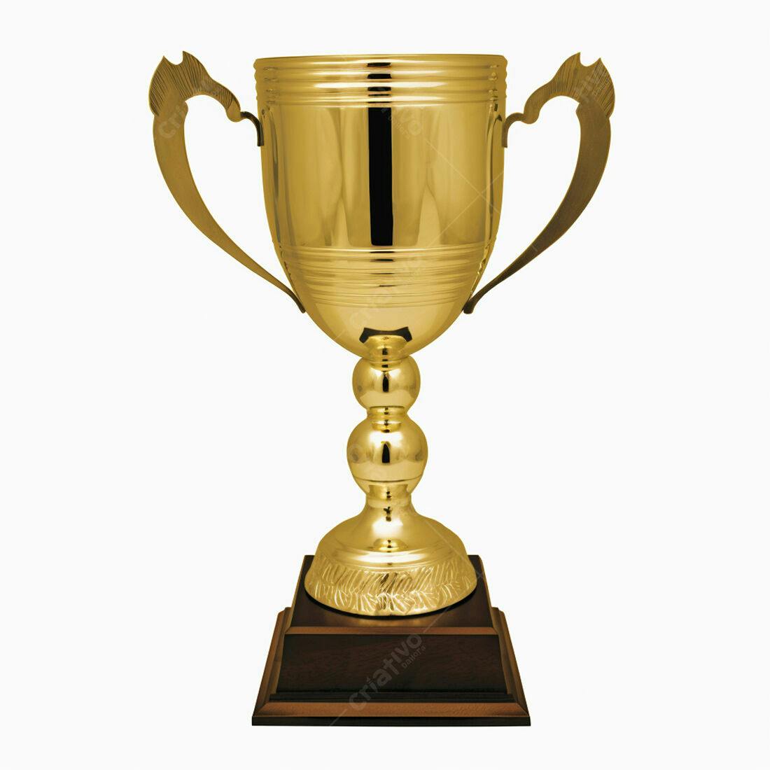 Troféu dourado com duas alças e base marrom