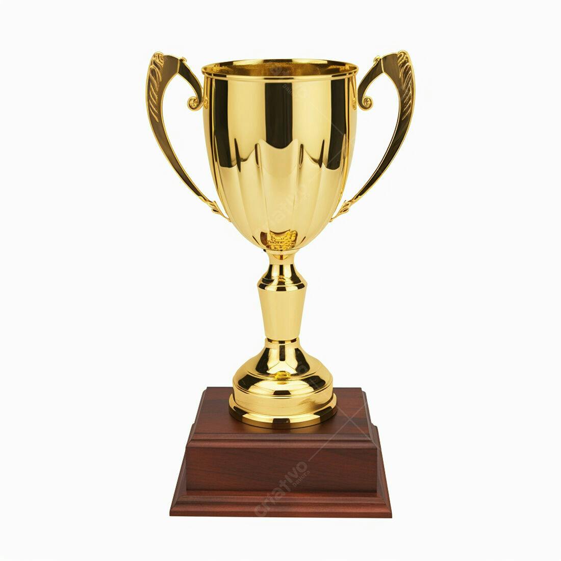 Troféu dourado em base de madeira