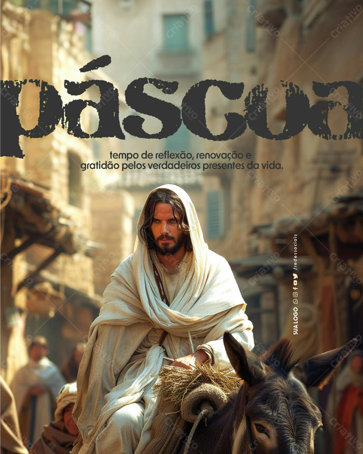Flyer Páscoa Jesus Burro PSD Editável