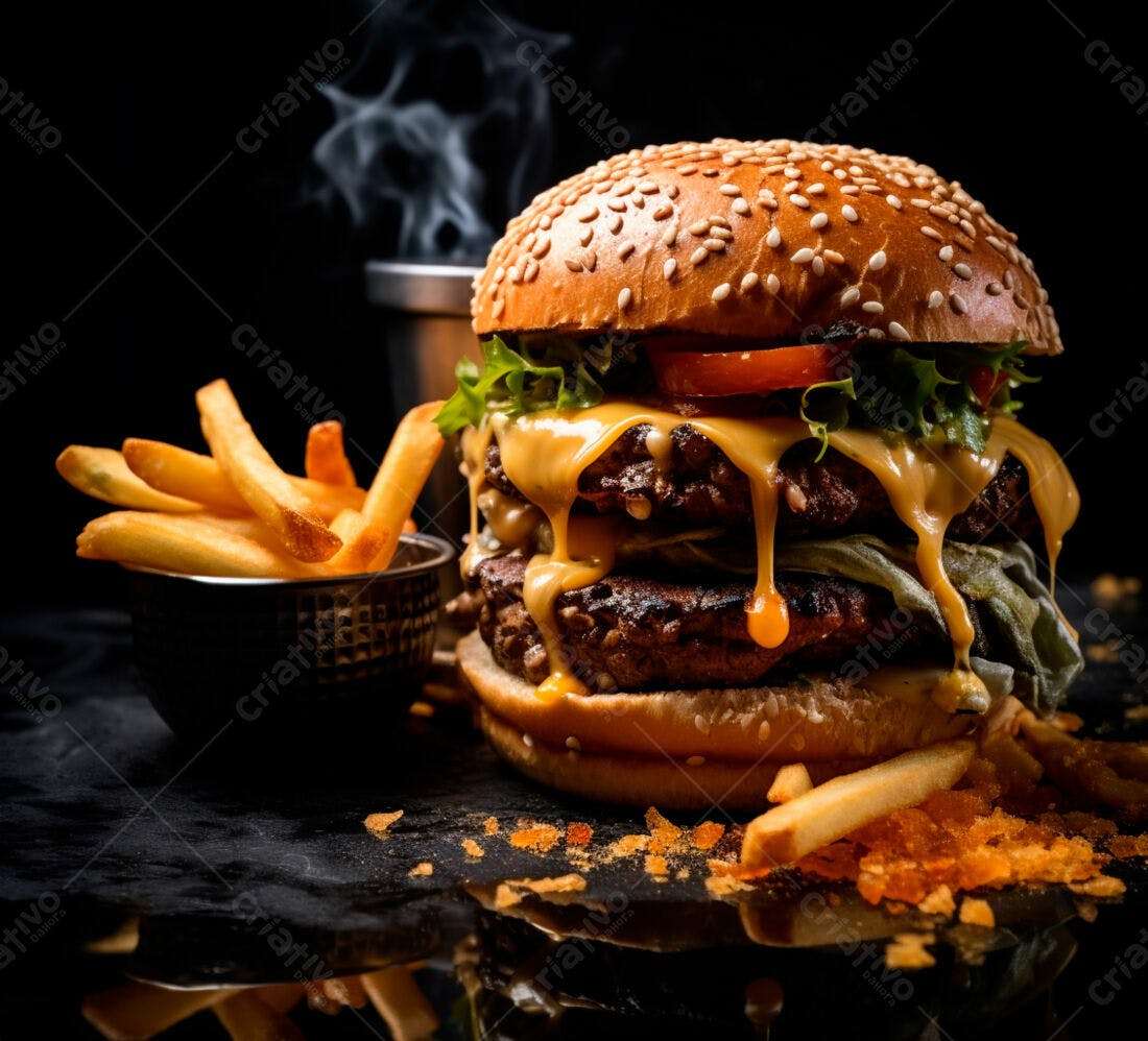 Duplo Cheeseburger suculento com batatas fritas